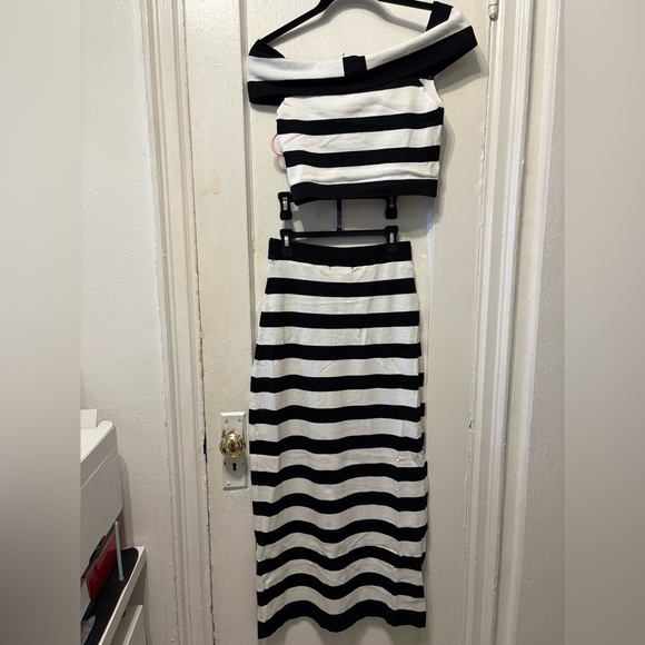 Black and White Striped Women's Skirt Set with off the shoulders top. - Picture 4 of 7